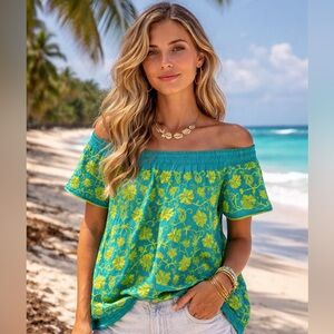 Sister Mary 100% Cotton Turquoise Green Floral Claudia Short Sleeve Top XS Boho